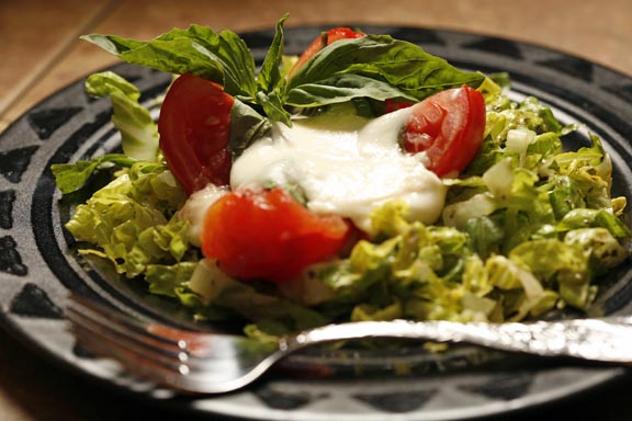Warm Salad Caprese on Romaine Chiffonade