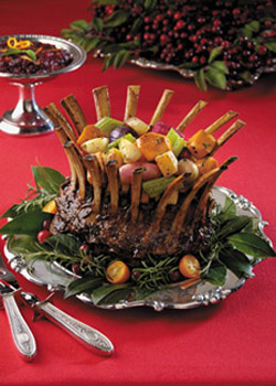 Cranberry-Balsamic Glazed Crown Roast of Lamb Stuffed with Caramelized Vegetables