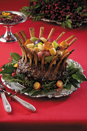 Cranberry-Balsamic Glazed Crown Roast of Lamb Stuffed with Caramelized Vegetables