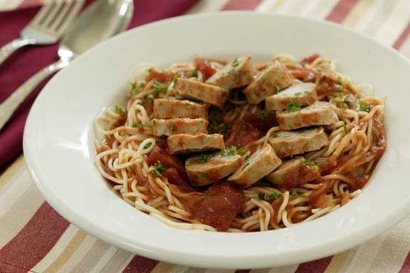 Angel Hair with Tomato Broth and Chicken Sausages