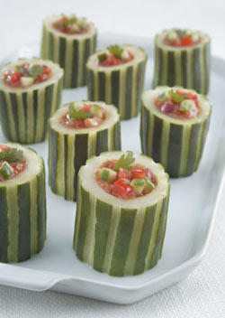 Spicy Smoked Gazpacho in Cucumber Cups 