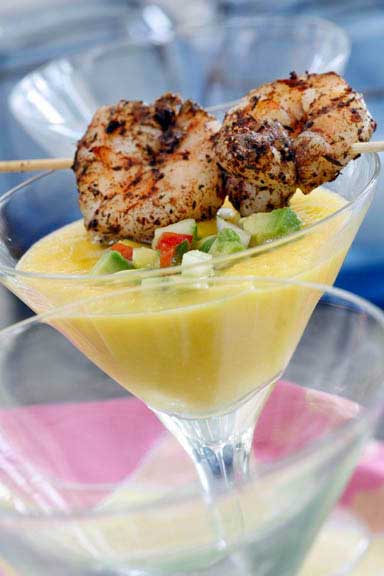 Mango Gazpacho with Spiced Shrimp Skewers