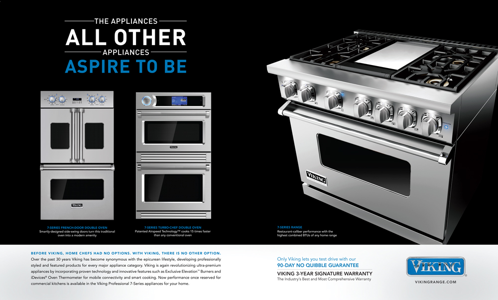 Retail Ad in Luxury Portfolio International Features Viking Professional French-Door Double Oven, TurboChef Double Oven, and 7 Series Freestanding Range